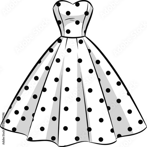 Retro White Strapless Polka Dot Dress Vector Illustration with Sweetheart Neckline and Flared Skirt for Fashion and Bridal Design
