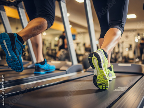 Course sur tapis roulant en gros plan : chaussures de sport et entraînement cardio