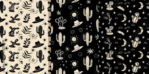 Whimsical desert pattern with hand drawn cacti cowboy hats moons and suns on beige and black backgrounds