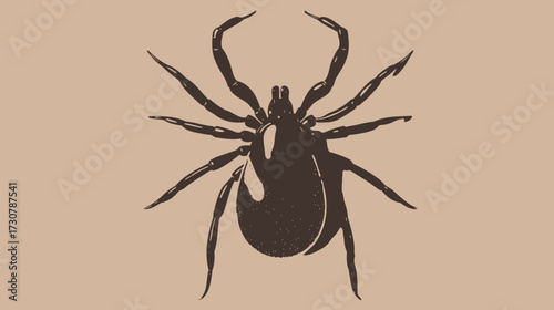 Stylized dark silhouette illustration of a tick on a neutral background, symbolizing disease, parasite, health risk, and pest control.