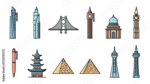 Iconic Landmarks: A collection of world-famous buildings and structures drawn in a simple, illustrative style, showcasing architectural diversity.