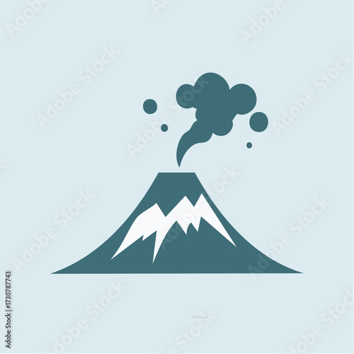 Stylized volcano icon with smoke plumes against a pastel blue background simple and modern design