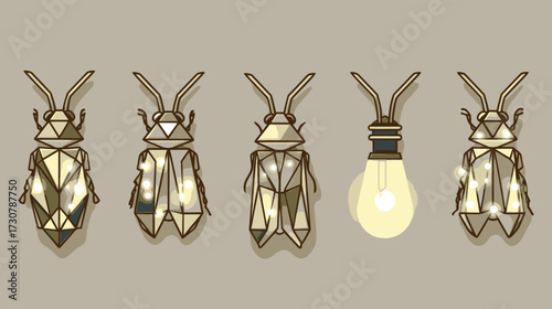 Abstract golden geometric beetles with a glowing light bulb illustration, creative low poly insect art concept