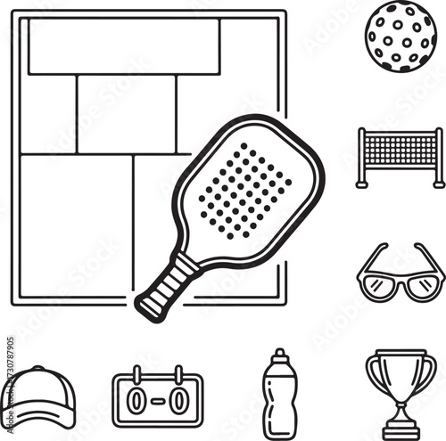 Pickleball Game Vector Icons – Court Layout, Paddle, Ball, Net, Scoreboard, Cap, Sunglasses, Water Bottle, and Trophy Collection