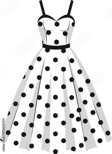 Vintage Polka Dot Dress with Sweetheart Neckline, Black Straps and Waistband, Retro Mid-Century Fashion Vector for Elegant Illustration