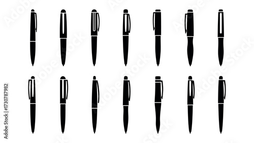 Ink Pen Collection: A sleek and professional collection of classic ink pens, captured with high-contrast, creating a simple yet sophisticated office supply aesthetic.