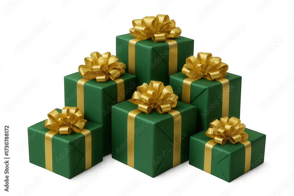 Obraz premium Green christmas gifts with golden ribbon, celebrating holiday presents, shopping, giving and receiving seasonal surprises