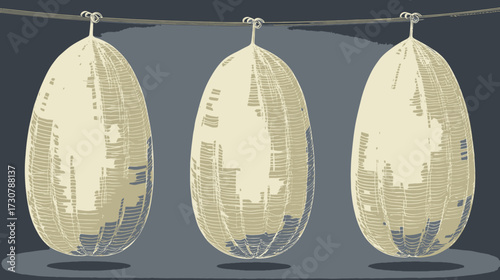 Conceptual illustration of three hanging egg-shaped objects made from vintage newspaper text patterns, abstract art, information, news