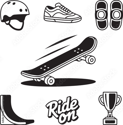 Skateboarding Essentials Outline Icons Set – Skateboard, Helmet, Sneakers, Knee Pads, Ramp, Graffiti, Trophy, and Water Bottle