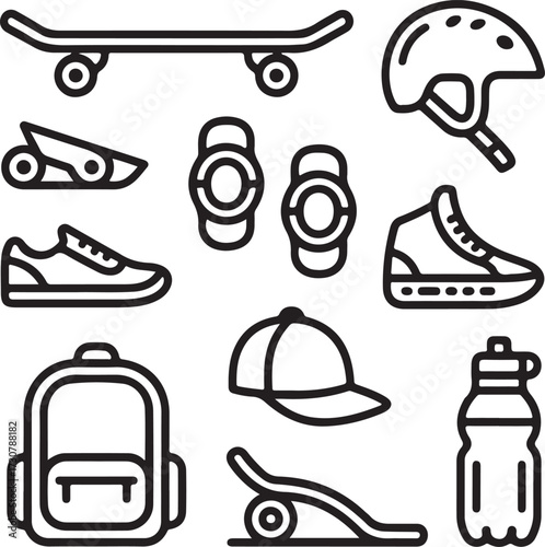 Skateboarding Gear Outline Icons – Skateboard, Helmet, Pads, Sneakers, Backpack, Cap, Ramp, and Water Bottle Set