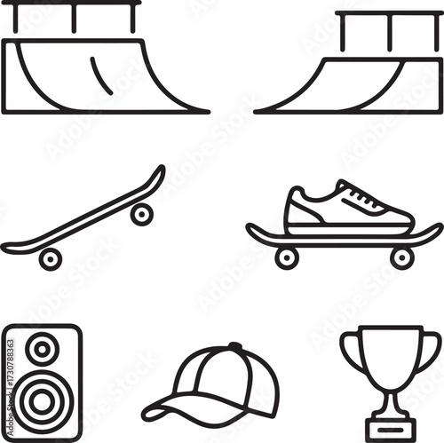 Skateboarding Park Vector Icons – Half Pipe, Rail, Ramp, Skateboard, Sneakers, Music Speaker, Cap, and Trophy Collection