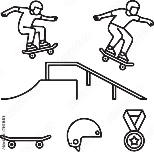 Skateboarding Tricks Hand-Drawn Icon Pack – Ollie, Kickflip, Grind, Rail, Ramp, Skateboard, Helmet, and Medal Graphics