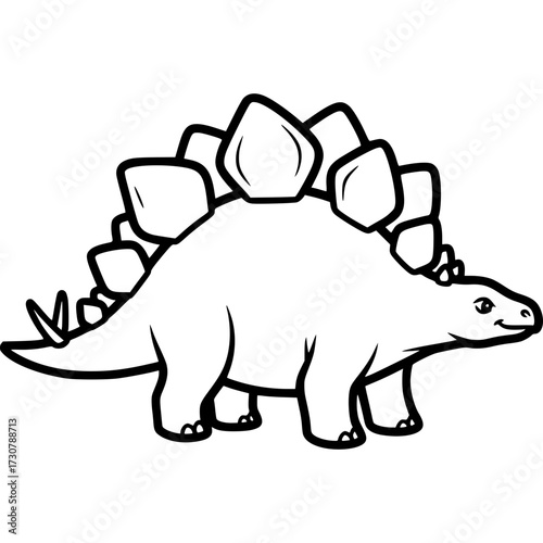 Stegosaurus Outline: A black and white drawing of the iconic prehistoric Stegosaurus, highlighting its distinctive plates and sturdy form, perfect for coloring pages and educational resources.