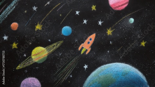 Large chalkboard filled with colorful illustrations of planets, rockets, and stars for an astronomy lesson