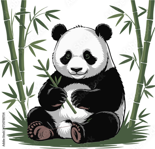 Cute cartoon panda sitting among bamboo stalks isolated on white background