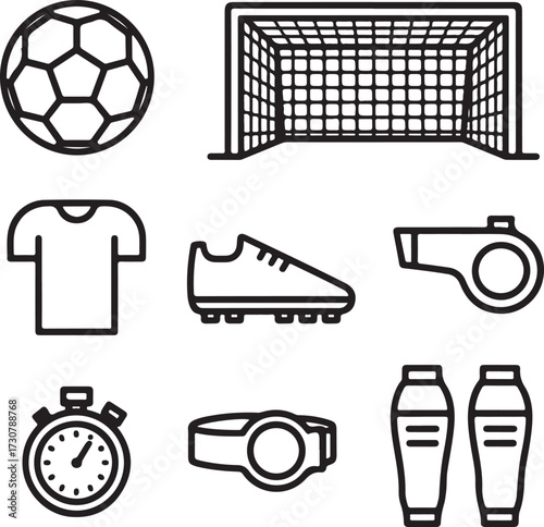 Soccer Equipment Outline Icons Set Ball, Goal Net, Jersey, Cleats, Whistle, Stopwatch, Captain Armband, and Shin Guards