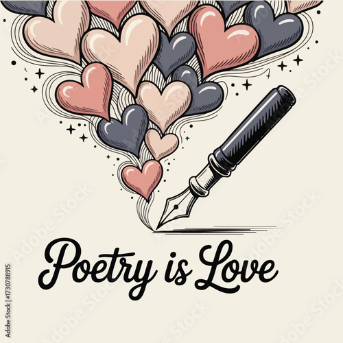 Creative Random Acts of Poetry Day vector art including handwritten poetry, flowing scrolls, hearts, coffee and notebook scenes, poetic quotes, abstract literary elements, flat solid colors