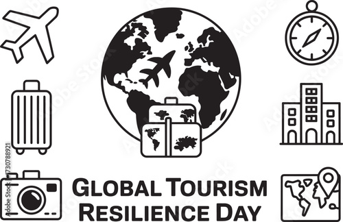 Global Tourism Resilience Day vector art with luggage on globe, travel icons, transparent background