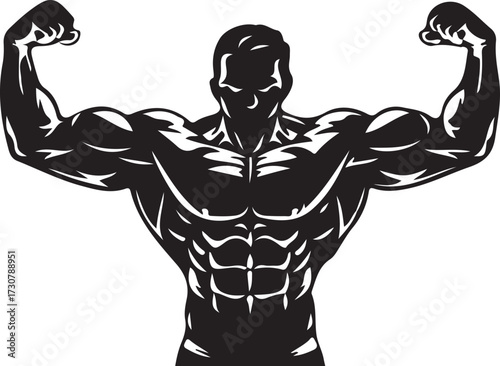 Silhouette of a muscular bodybuilder flexing biceps isolated on white background