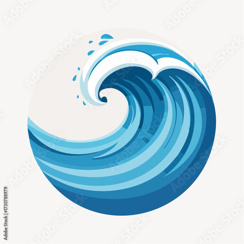Stylized vector illustration of a large blue ocean wave breaking in a circular frame element
