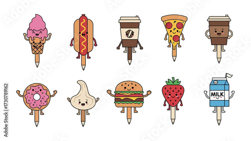 A Whimsical Assortment of Food Cartoon Characters : An artistic collage showcases a cheerful gathering of adorable food cartoon characters, each brimming with playful personality and charm.