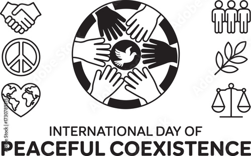 International Day of Peaceful Coexistence vector art, dove, hands, peace, globe, people, transparent background