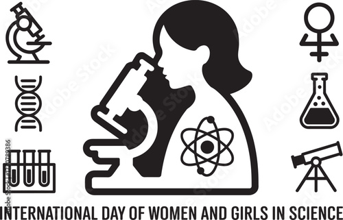 International Day of Women and Girls in Science icon set, line and glyph icons