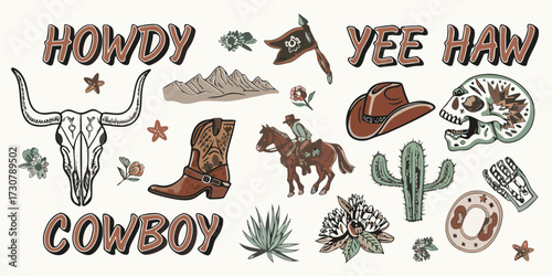 Western cowboy collection with howdy yee haw and cowboy text longhorn skull boot cactus and rider