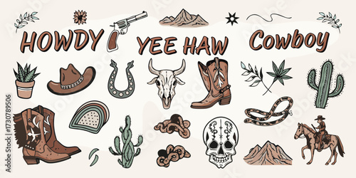 Collection of western cowboy elements including text howdy yee haw cowboy boots skull cactus and horse