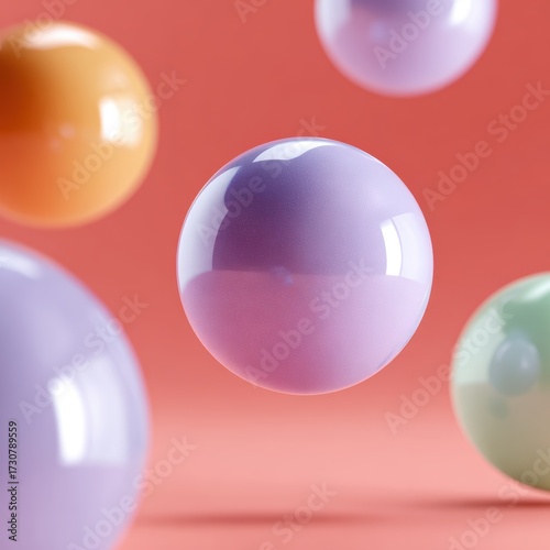 abstract 3D spheres and floating geometric shapes in pastel gradients, soft light reflections, digital art style suitable for modern graphic design and web backgrounds