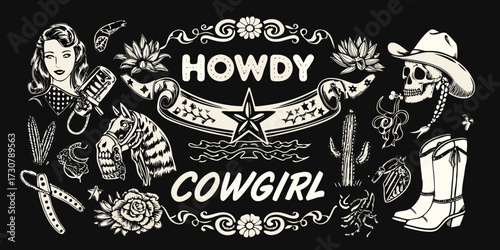 Western howdy cowgirl design elements featuring a woman horse skull boots cactus and flowers