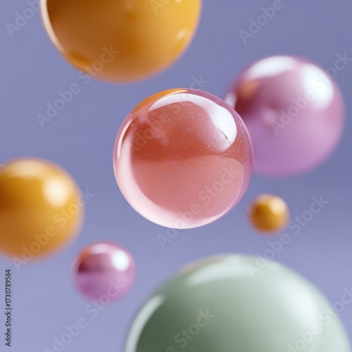 abstract 3D spheres and floating geometric shapes in pastel gradients, soft light reflections, digital art style suitable for modern graphic design and web backgrounds