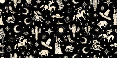 Whimsical western pattern featuring cowboys cacti skulls moons and stars on black background