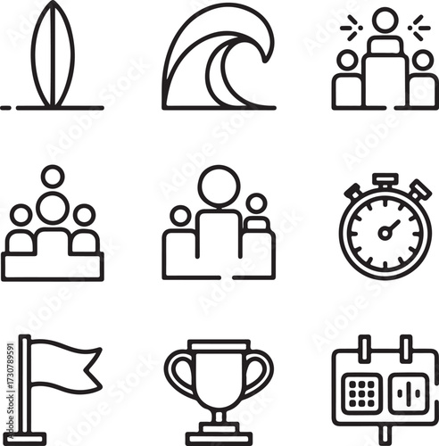 Surfing Competition Vector Icons – Surfboard, Wave, Podium, Judges Panel, Stopwatch, Trophy, Flag, and Scoreboard Collection