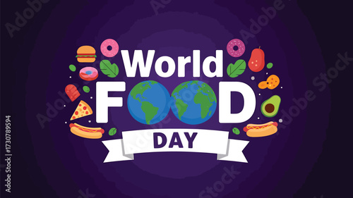 Vector art of world food day celebration with diverse food items and globes on a purple background, symbolizing global food awareness and healthy eating