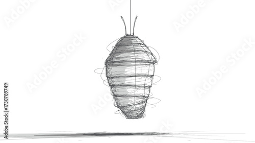 Detailed pencil drawing of a hanging insect cocoon or chrysalis, representing transformation, development, growth, and the life cycle