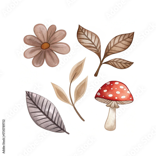 Outono colorido Ilustração em aquarela de cogumelos folhas de outono rosa cachorro ameixa bagas de bolota

