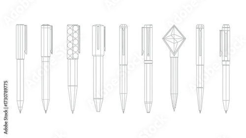 Collection of Pens: A sophisticated array of sleek pens, each boasting a unique design, line up to demonstrate the precision and elegance of writing instruments.