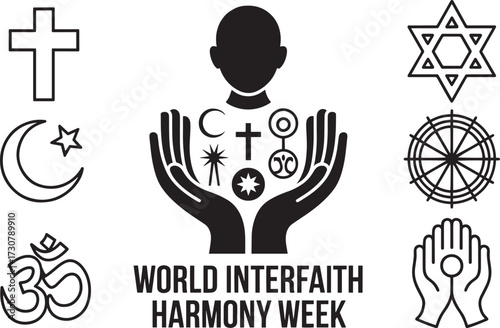 World Interfaith Harmony Week concept. Hands holding diverse religious symbols