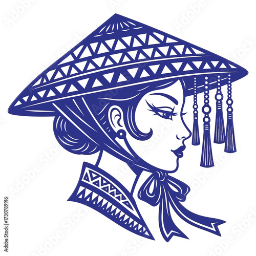 Vector art of woman wearing a traditional conical hat with tassels