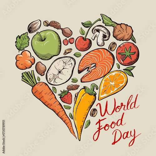 Vector art of heart shape composed of diverse fresh food items like salmon, fruits, and vegetables, symbolizing love for food and healthy eating on world food day