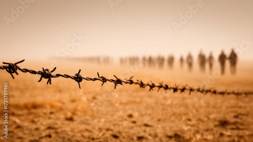 Poor refugees procession along barbed wired fence