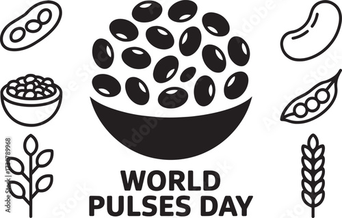 World Pulses Day illustration: legumes, pods, beans, lentils, peas, grains, seeds, sprouts icon set