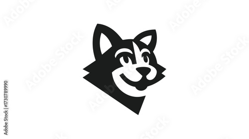 Cute cartoon dog head vector illustration, black and white happy puppy face icon, simple graphic mascot design for pets
