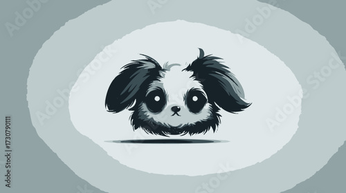 Adorable fluffy black and white cartoon animal illustration with expressive eyes and large ears, whimsical monochrome creature art.