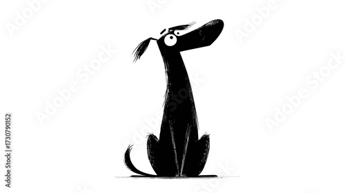 Playful black cartoon dog illustration sitting and looking up, with a long neck and big curious eyes. Humorous pet character.