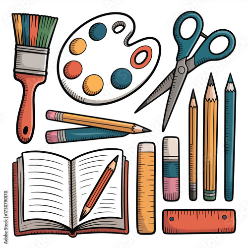 A colorful vector set of school supplies and stationery accessories like pencil, pen, ruler, scissors, eraser, and notebook for education and art drawing craft