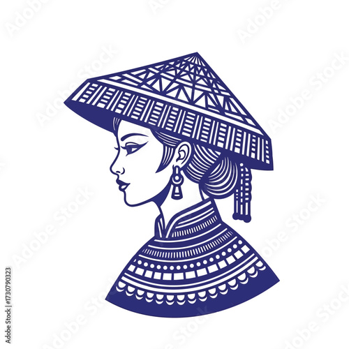 Vector art of traditional chinese woman wearing conical hat
