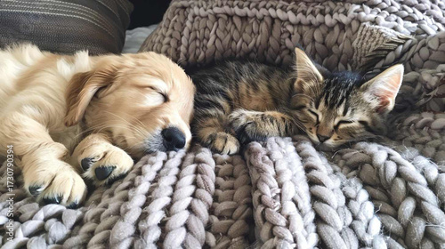 Cute Cat and Puppy Together sleeping joyfully
