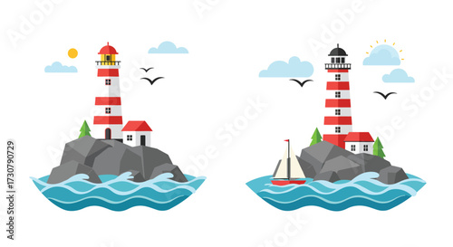 Two colorful lighthouses stand prominently on rocky islands with blue waves